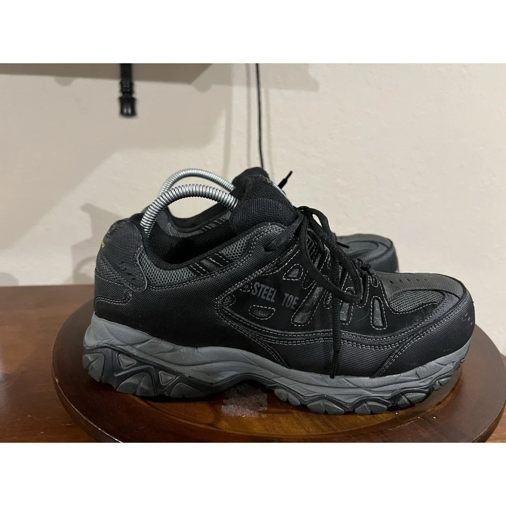 Skechers Work Shoes Steel Toe Safety‎ Black Leather Mesh Low Top Sneakers 9.5
